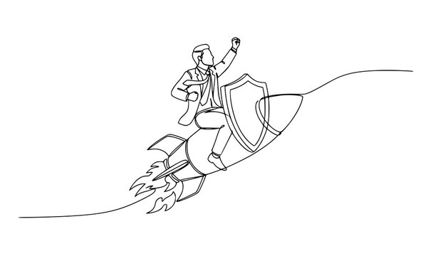 Minimalist continuous line businessman on shield rocket business protection insurance vector illustration