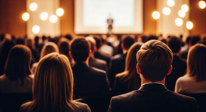 Rear view of diverse audience seated watching screen in large conference hall setting, focusing on heads, concept for business workshops, educational lectures, and corporate events marketing material