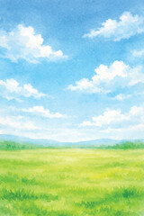 Obraz premium watercolor green land and blue sky background