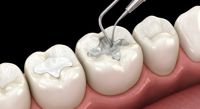 奥歯の虫歯治療におけるコンポジット充填とアマルガム充填を示す歯科写真素材