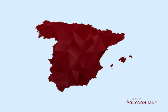 Spain Map - Low poly polygon map in deep red gradient on light blue background, modern minimal geometric design, vector illustration with faceted triangulated style.