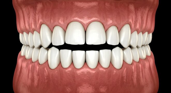 上下の歯列と咬合状態を示す歯科用3Dレンダリング、歯科矯正と口腔衛生の概念