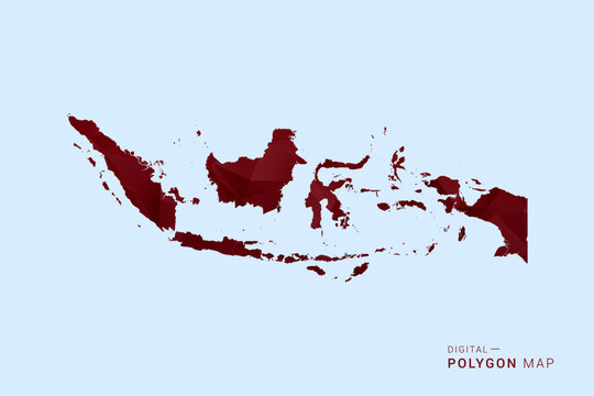 Indonesia Map - Low poly polygon map in deep red gradient on light blue background, modern minimal geometric design, vector illustration with faceted triangulated style.