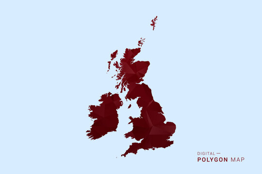 United Kingdom Map - Low poly polygon map in deep red gradient on light blue background, modern minimal geometric design, vector illustration with faceted triangulated style.