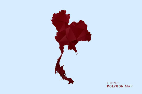 Thailand Map - Low poly polygon map in deep red gradient on light blue background, modern minimal geometric design, vector illustration with faceted triangulated style.