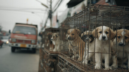 Obraz premium Puppies in cages on street market, animal welfare and illegal trade concept with transport truck in background, emotional scene.