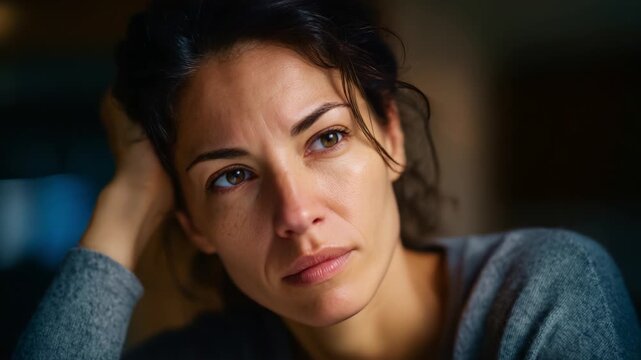 A contemplative moment of a woman reflecting on her thoughts, showcasing deep emotions and vulnerability through subtle yet impactful expressions and contemplative gaze.