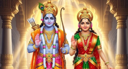 Fototapeta premium Hindu deities rama and sita standing in temple archway with golden light