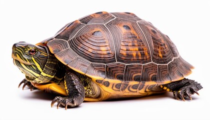 Obraz premium Turtle in Detailed: A close-up shot of a turtle showcases its intricate shell, revealing detailed patterns and textures, highlighting the beauty of nature's design.