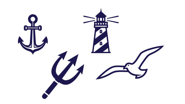 Set of four nautical icons featuring lighthouse anchor trident and seagull in navy blue minimalist style
