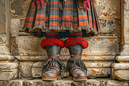 Evzone soldier wearing traditional uniform and fustanella standing on stone steps