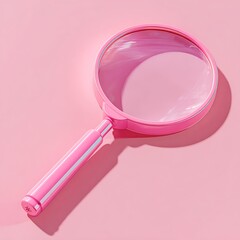 Chic 3D Pink Magnifying Glass on Pastel Pink Background, Soft Lighting, Minimalist Research Tool, Concept for Analysis and Discovery