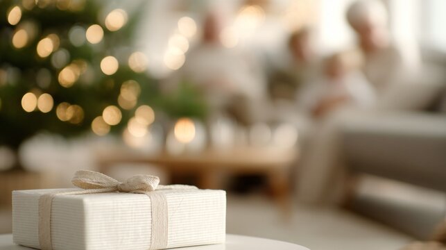 Christmas Day festive family celebration in modern living room, diverse multi-generation family exchanging gifts, decorated Christmas tree with warm white lights, cozy Scandinavian interior design, 