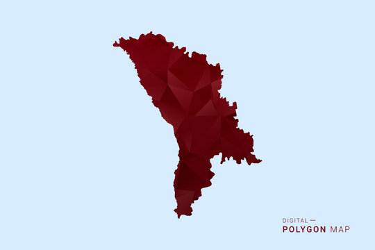 Moldova Map - Low poly polygon map in deep red gradient on light blue background, modern minimal geometric design, vector illustration with faceted triangulated style.
