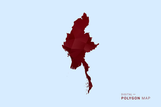Myanmar Map - Low poly polygon map in deep red gradient on light blue background, modern minimal geometric design, vector illustration with faceted triangulated style.