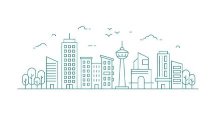 Obraz premium Modern City Skyline Outline Illustration with Tall Buildings and Trees.