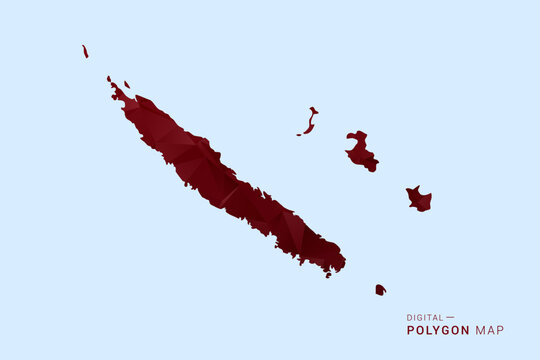 New Caledonia Map - Low poly polygon map in deep red gradient on light blue background, modern minimal geometric design, vector illustration with faceted triangulated style.