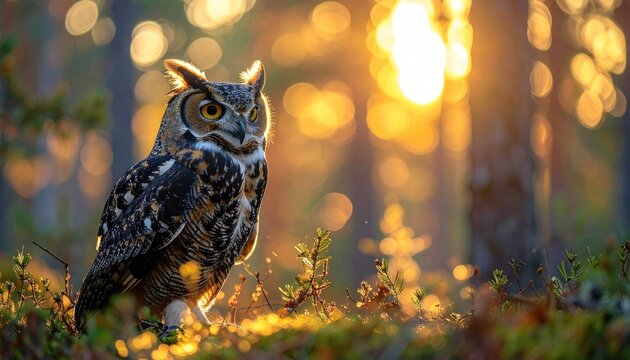 Great Horned Owl Perched in a Forest During Golden Hour Sunlight With Soft Bokeh Background