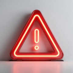 Vibrant 3D Red Neon Exclamation Mark Warning Sign with Glowing Yellow Outline, Modern Hazard Alert Symbol, Business Danger Concept