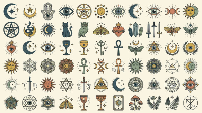 Mystical Esoteric Symbols Collection with Celestial and Occult Elements.