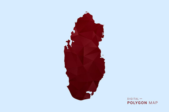Qatar Map - Low poly polygon map in deep red gradient on light blue background, modern minimal geometric design, vector illustration with faceted triangulated style.