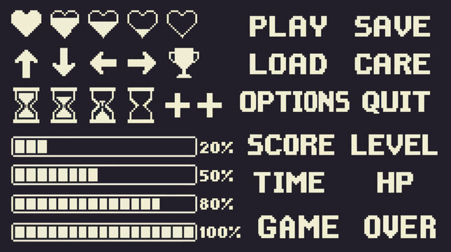 Retro Pixel Art Video Game Interface Elements and Icons Collection.