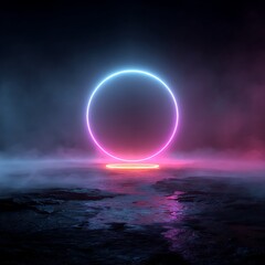 Abstract Cosmic Portal Background: Glowing Neon Ring with Blue and Pink Hues Over Misty, Rocky Landscape, Futuristic Sci-Fi Sci-Fi Sci-Fi