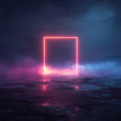 Futuristic Abstract Square Portal with Neon Red Lights and Glowing Pink Mist on a Dark, Textured Landscape