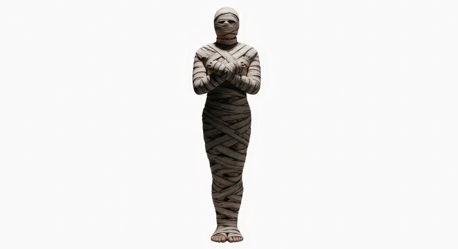 Ancient egyptian mummy wrapped in linen standing against white background with soft lighting