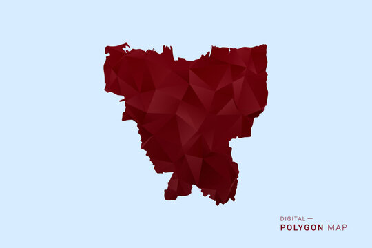 Jakarta Map - Low poly polygon map in deep red gradient on light blue background, modern minimal geometric design, vector illustration with faceted triangulated style.