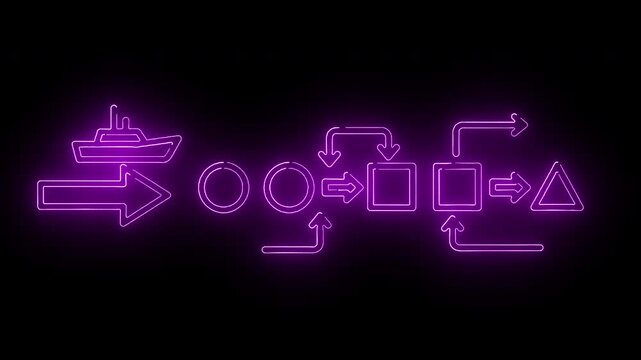 Neon-lit flowchart diagram with geometric shapes and arrows on a black background with purple glow.