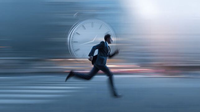 Businessman running fast with motion blur and clock, time pressure and speed concept