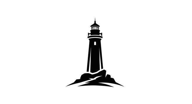 Black silhouette of a lighthouse on a rocky shore against a white background.