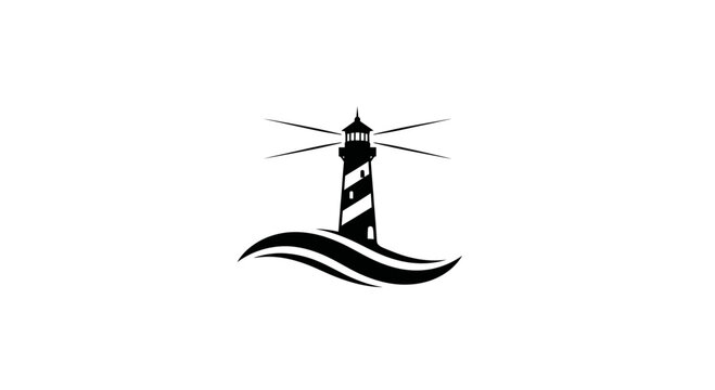 Lighthouse silhouette on waves, guiding light icon, navigation symbol, maritime theme