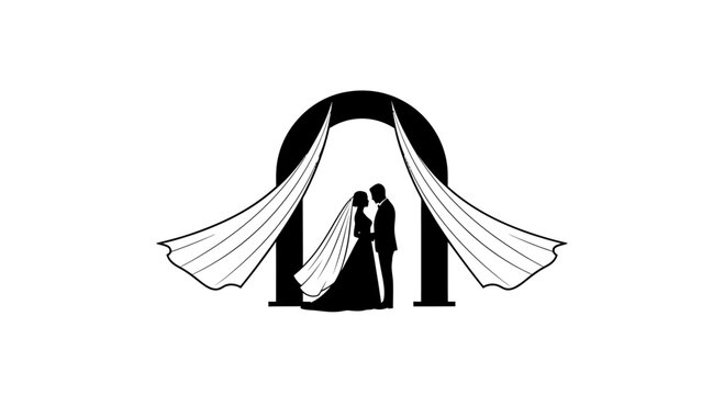 Silhouette of a bride and groom under a wedding arch with flowing veils