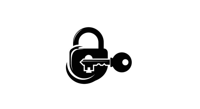 Black padlock and key icon on white background, security and access symbol