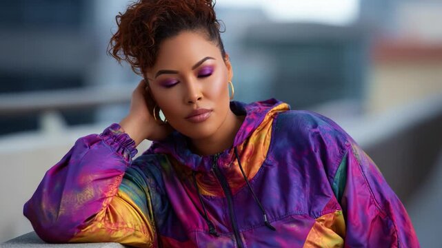 Stunning Fashion Portrait of a Model in Colorful Jacket with Bold Makeup, Capturing Elegance and Style in Urban Environment