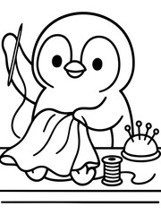 Obraz premium Artistic Penguin: A cute penguin skillfully engaged in sewing, using needle and thread to create something special, demonstrating creativity and craftsmanship.