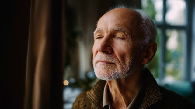 A contemplative elderly man gazing thoughtfully out of a window, reflecting on memories and experiences, with soft natural light highlighting his features.