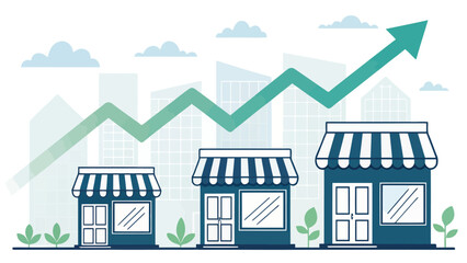 Obraz premium A vector graphic illustration of growing businesses in a city with an increasing graph