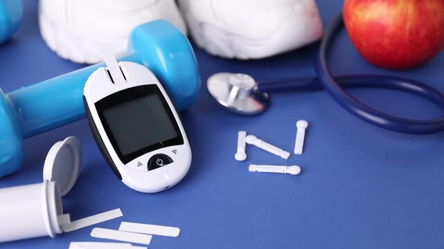 Diabetes. Digital glucometer, apple, test strips, dumbbell, stethoscope and sneakers on blue background, closeup. Camera moving in