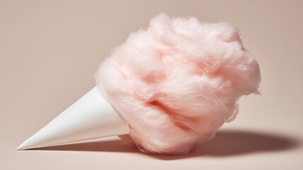 Fototapeta premium National Cotton Candy Day photorealistic lifestyle image, close-up of pastel pink cotton candy on white paper cone, isolated on soft neutral background, clean commercial composition, studio lighting