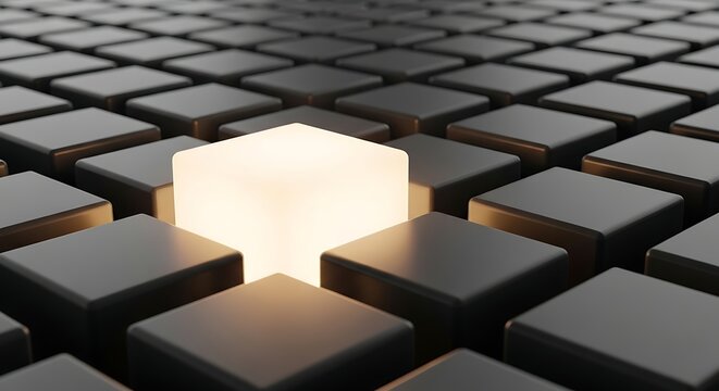 A single glowing white cube stands out brightly among a grid of numerous dark, uniform blocks, symbolizing uniqueness and innovation.