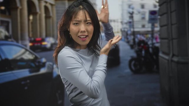 Young asian woman with hoop earrings gesturing with raised hands and open mouth toward parked car and motorcycles on city street; playful curiosity.