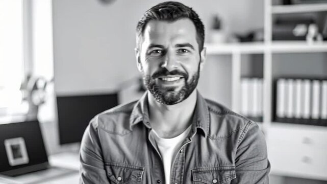 Smiling man in office setting.