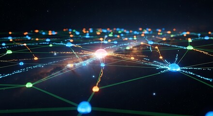 Obraz premium A vibrant abstract digital network with glowing interconnected nodes and lines on a dark background, representing data flow or technology.