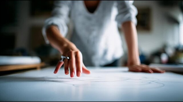 Close-up of an artist s hand sketching a delicate line drawing on paper showcasing creativity design process and artistic inspiration in a studio setting