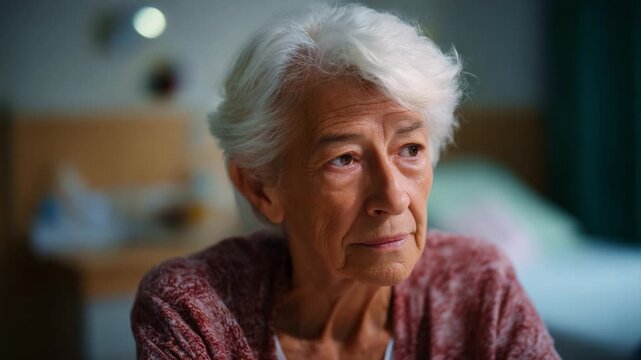 An expressive elderly woman with silver hair reflects on life, seated in a softly-lit room, showcasing a range of emotions through her thoughtful gaze and serene demeanor.