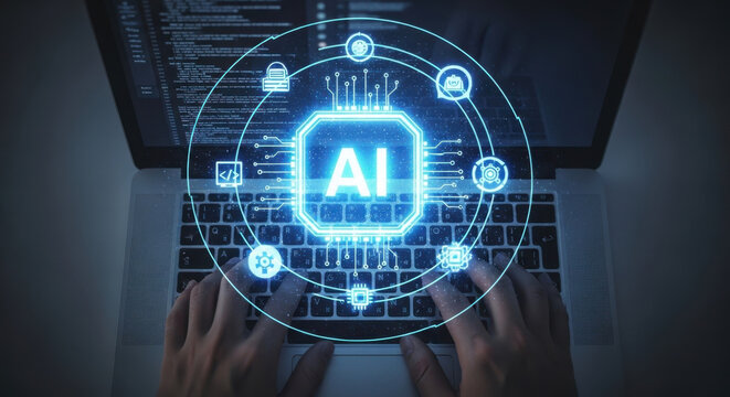 Generative AI supporting business processes with intelligent automation technology. Artificial intelligence analyzing data and generating reports. Businessman using laptop computer. 