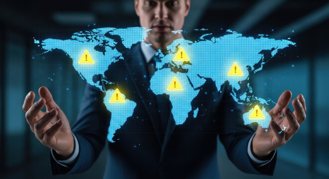Geopolitical risks and instability in international relations. Assessing the impact of international conflict and trade war. Business person holding a world map and warning triangle icons.
